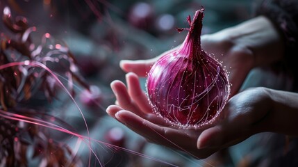 hand holding a digital holographic onion, holographic lines 