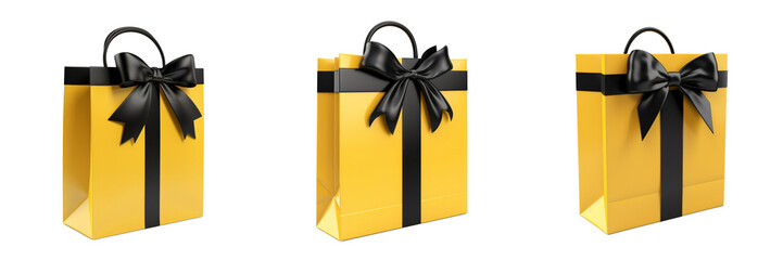 Set of 3d rendered, yellow gift paper bag, with black bow on a Transparent Background
