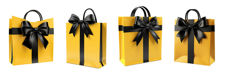 Set of 3d rendered, yellow gift paper bag, with black bow on a Transparent Background