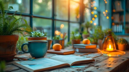 Inviting Workspace with Vibrant Houseplants, Open Notebook, and Soft Evening Lighting Creating a Peaceful Ambiance - obrazy, fototapety, plakaty