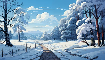  Frozen country road through snowy forest in winter with the blue sky. Winding country road goes into the distance. There are snow-covered trees on both sides of the road. Illustration in cartoon style © NADEZHDA