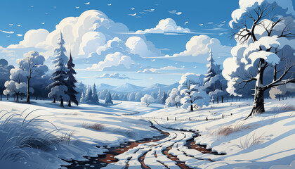 Frozen country road through snowy forest in winter with the blue sky. Winding country road goes into the distance. There are snow-covered trees on both sides of the road. Illustration in cartoon style