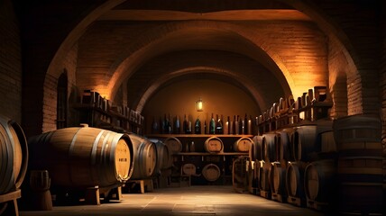wine barrels in cellar - obrazy, fototapety, plakaty