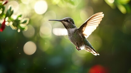 Fototapeta premium Graceful Hummingbird Hovering Near Blooming Flowers, Illuminated by Sunlight Through Trees
