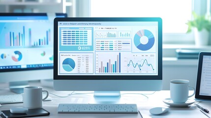 Corporate Business Analytics and Performance Metrics on a Desktop Monitor in a Professional Office Setting