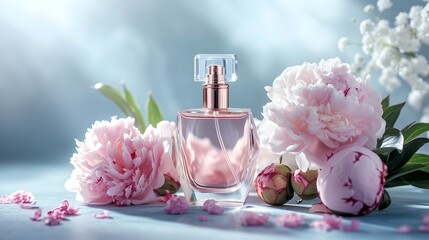 Elegant Perfume Bottle Surrounded by Delicate Pink Peonies on a Serene Blue Background