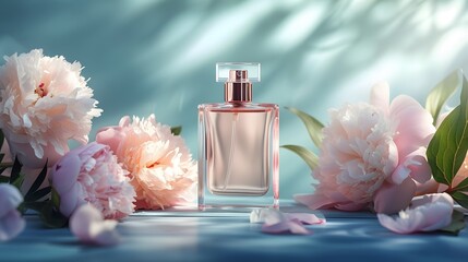 A Luxurious Glass Perfume Bottle Amidst Lush Pink Peonies Against a Soft Blue Backdrop
