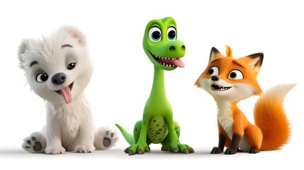 Charming Trio of Animated Characters: A Playful Puppy, A Grinning Dinosaur, and A Cunning Fox