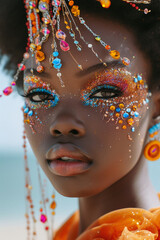 An extravagant, festival-inspired beauty look with a mix of bright, bold colors and sparkling face jewels,