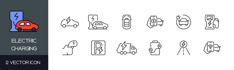 Electric charging icon set. Linear style. Vector icons