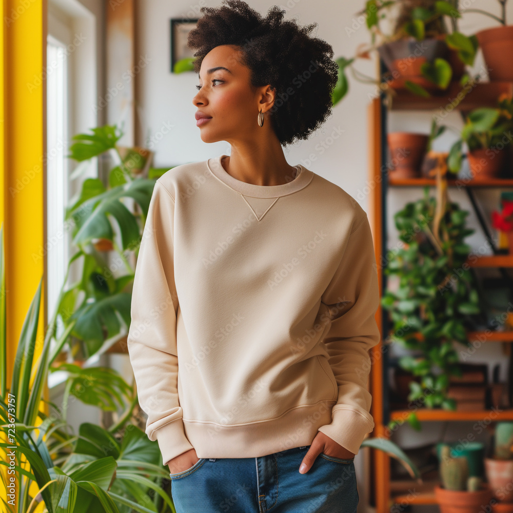 Wall mural Beige Sweatshirt Mockup, Black Woman, Girl, Female, Model, Wearing a Beige Oversized Sweatshirt and Blue Jeans, Fitted Blank Shirt Template, Standing in a Room with Plants, Close-up View - Wall murals