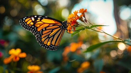 Fototapeta na wymiar Monarch Butterfly Perched on Orange Flowers in Sunlit Garden