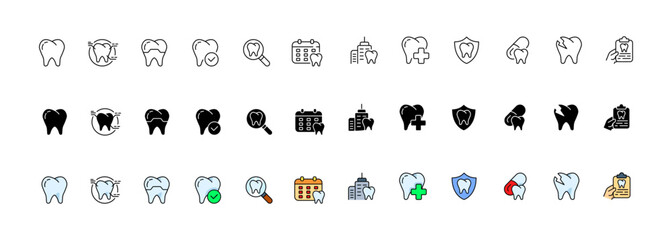 Teeth icon collection. Dental repair. Linear, silhouette and flat style. Vector icons