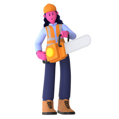 Girl Hold Chainsaw Construction Worker 3D