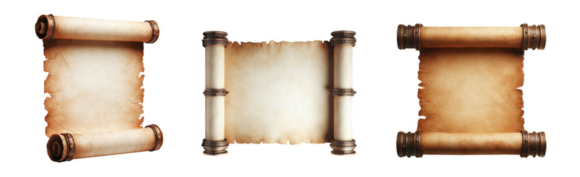 Set of antique blank scrolls. Rough torn edges. Old paper texture. Beige paper. Cream Paper. Brown Paper. Papyrus style. Isolated transparent Background PNG. Premium pen tool cutout set 1