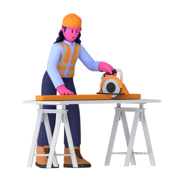 Girl Hold Circular Saw Construction Worker 3D