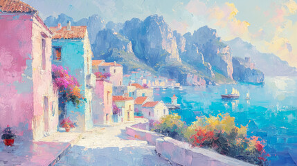 A vibrant French Riviera seascape painting, featuring pastel-hued buildings and blooming flowers against a backdrop of majestic cliffs and tranquil azure waters. - obrazy, fototapety, plakaty