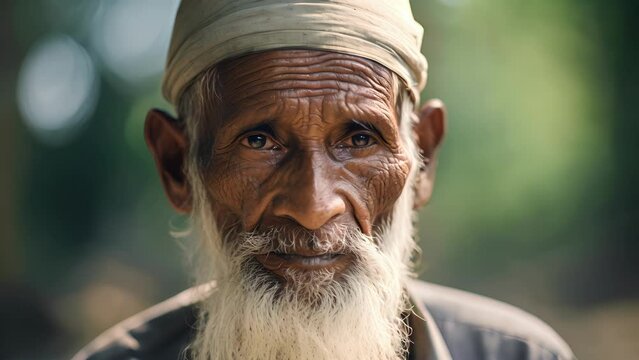 An elderly Rohingya man with a walking stick, his face etched with years of struggle, wears a wornout cap atop his white hair. His eyes, frail and tired, adds to a stoic expression, revealing