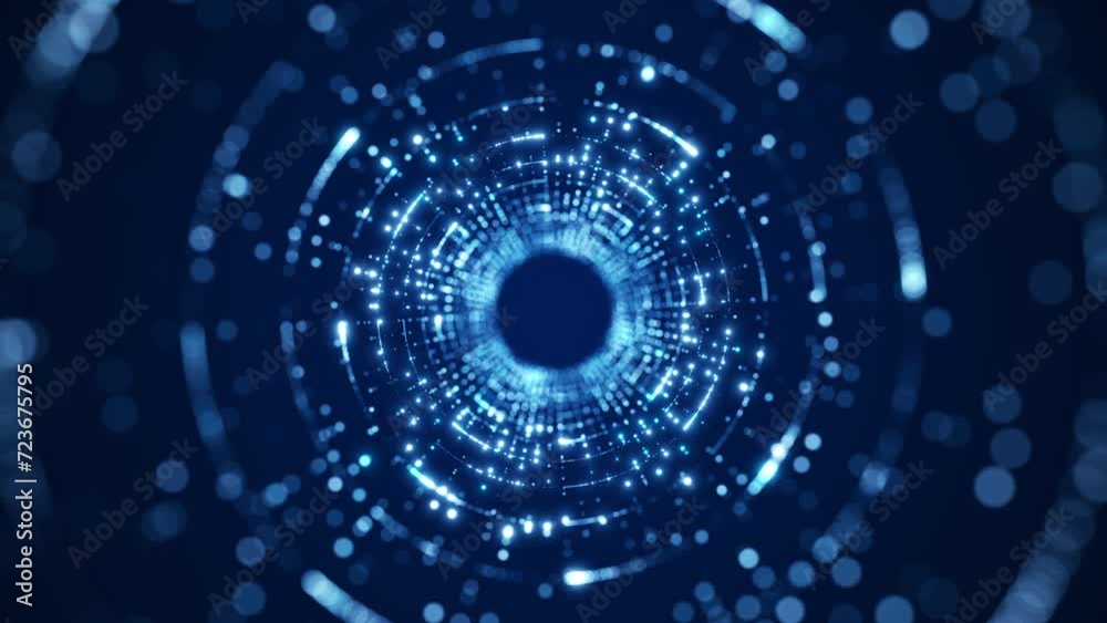 Wall mural abstract circular particle tunnel technology background concept on dark blue background digital pres