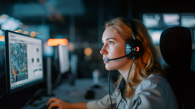 Woman With Headset Working at Computer in Security Operations Center, Monitoring Data and Maps for Emergency Response or Cybersecurity