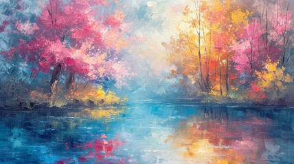 Vibrant autumnal landscape painting reflecting a serene river scene, with richly colored foliage and a tranquil water reflection.