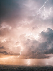 Fototapeta na wymiar Dramatic stormy sky with lightning and thunderclouds.