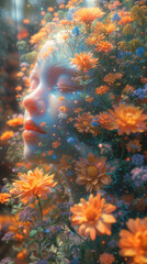 Fototapeta na wymiar A vibrant orange reef blooms upon a woman's face, adorned with delicate plants and flowers, evoking a sense of natural beauty and grace