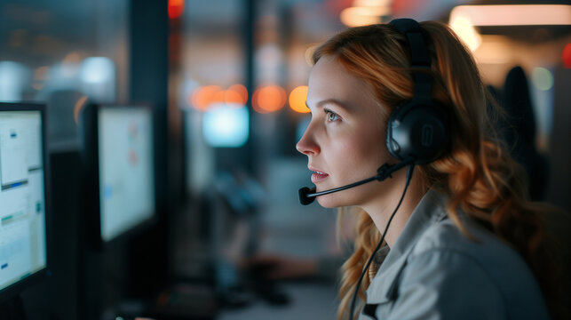 Woman Wearing Headset Working at Computer Screens in Tech Operations Center, Representing IT Support, Security Monitoring, or Data Analysis