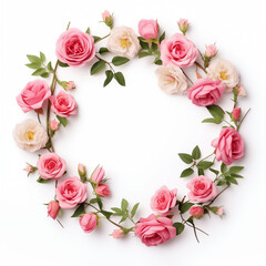 Fototapeta na wymiar Delicate petals of pink and white roses intertwine in a romantic wreath, evoking the beauty and artistry of floral design for valentine's day