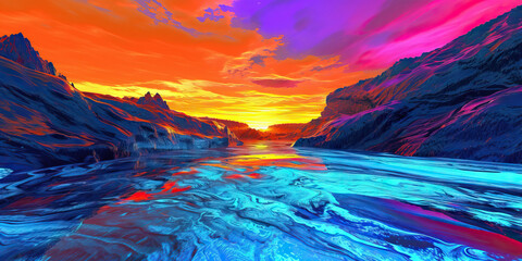 Cybernetic Sunset: A Fusion of Cybernetic Blue and Sunset Orange in a Virtual Reality Landscape