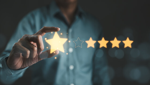 Customer review satisfaction feedback survey concept. User give rating to service excellent experience on mobile phone application, Client evaluate quality of service reputation ranking of business.