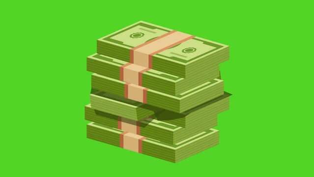 2D animation of bundle of money stacked in a large pile on green screen. Concept of financial,  increasing in profit and saving. Animated icons available. Used in any type of videos. Alpha channel. 4K