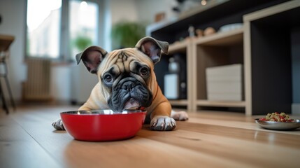 Pug Puppy with Food Bowl