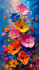 Oil painting of flowers. Abstract art background. Colorful flowers.
