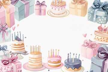 Assorted watercolor birthday cakes and gifts with a blank space