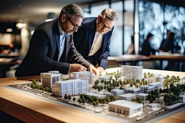 architects planning real estate commercial business city, investor businessman in architect office looking at house model prototype design and blueprint 3D visualization