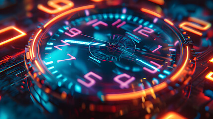 Close-Up of Glowing Circles and Neon Lights on Clock - obrazy, fototapety, plakaty