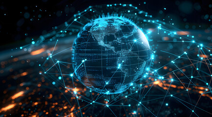 Obraz premium Illustration of global network connections and communication technology for internet business and telecommunication, featuring earth connector, earth map, and a 3D globe with an electronic network.