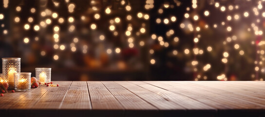 A wooden table with two candles on it, in front of a blurred Christmas tree with lights