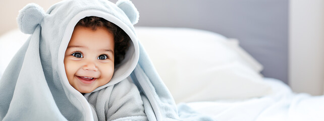 A baby wearing a blue hooded bathrobe with ears is lying on a bed
