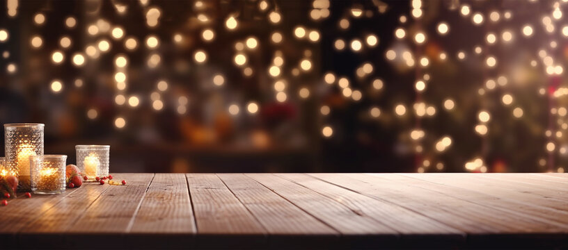 A wooden table with two candles on it, in front of a blurred Christmas tree with lights