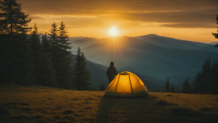 hiker camping in tent in the forest at sunset
