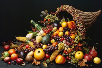 Naklejka na ściany i meble A picturesque cornucopia overflowing with an abundance of seasonal fruits and vegetables