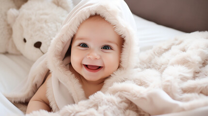A baby wearing a white hooded bathrobe with ears is lying on a bed and playing with a teddy bear.