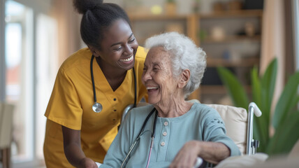 Caregiver happily assisting an elderly person in their own home