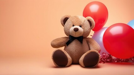 Teddy bear and peach fuzz color balloons on peach fuzz background, concept for valentine's day, wedding or birthday greeting