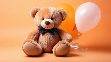 Teddy bear and peach fuzz color balloons on peach fuzz background, concept for valentine's day, wedding or birthday greeting