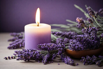 Obraz na płótnie Canvas Lavender spa still life. Candle and laveder herbs