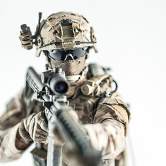 Tactical special ops soldier with rifle raised and wearing sunglasses isolated against a white background