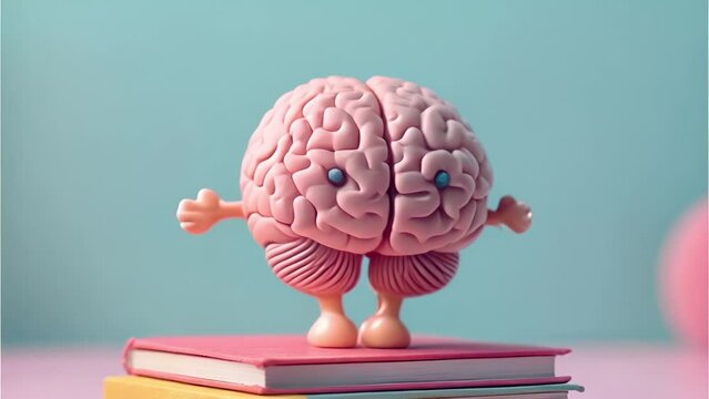 Cute animation smart cartoon brain standing on pile of books. Reading a book. pastel colors 3D. Education,brainstorming and learning concept pink